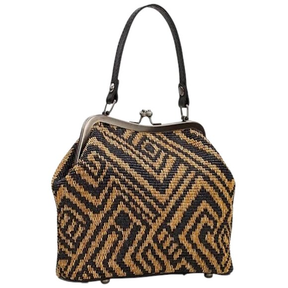 Patricia Nash NWT Women’s ‘Laurena Tribal Weave’ Frame Satchel Bag Natural Black - Picture 1 of 12